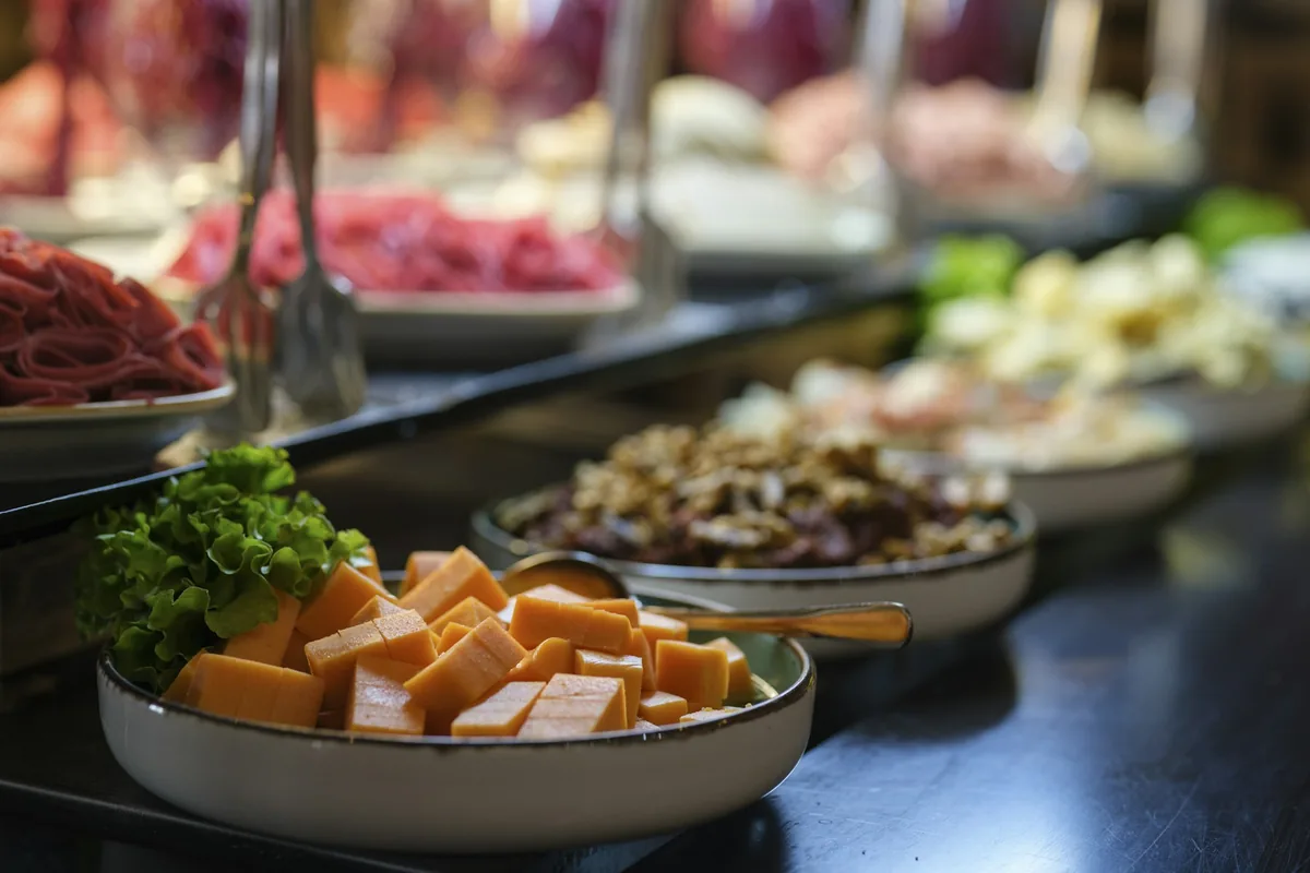 Fromages et charcuteries sur un buffet de petit-déjeuner
