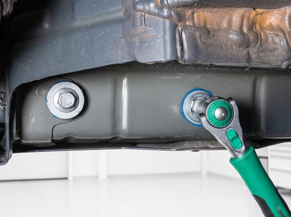 Technicien serrant un attelage sous un véhicule avec une clé à cliquet verte