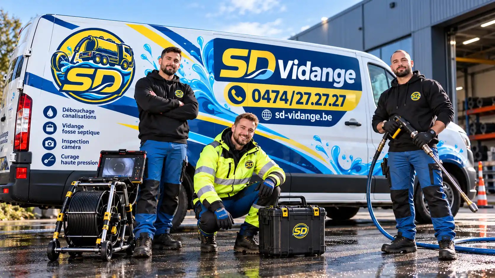 Technicien agenouillé devant un écran d'inspection caméra et un dévidoir de câble SD Vidange